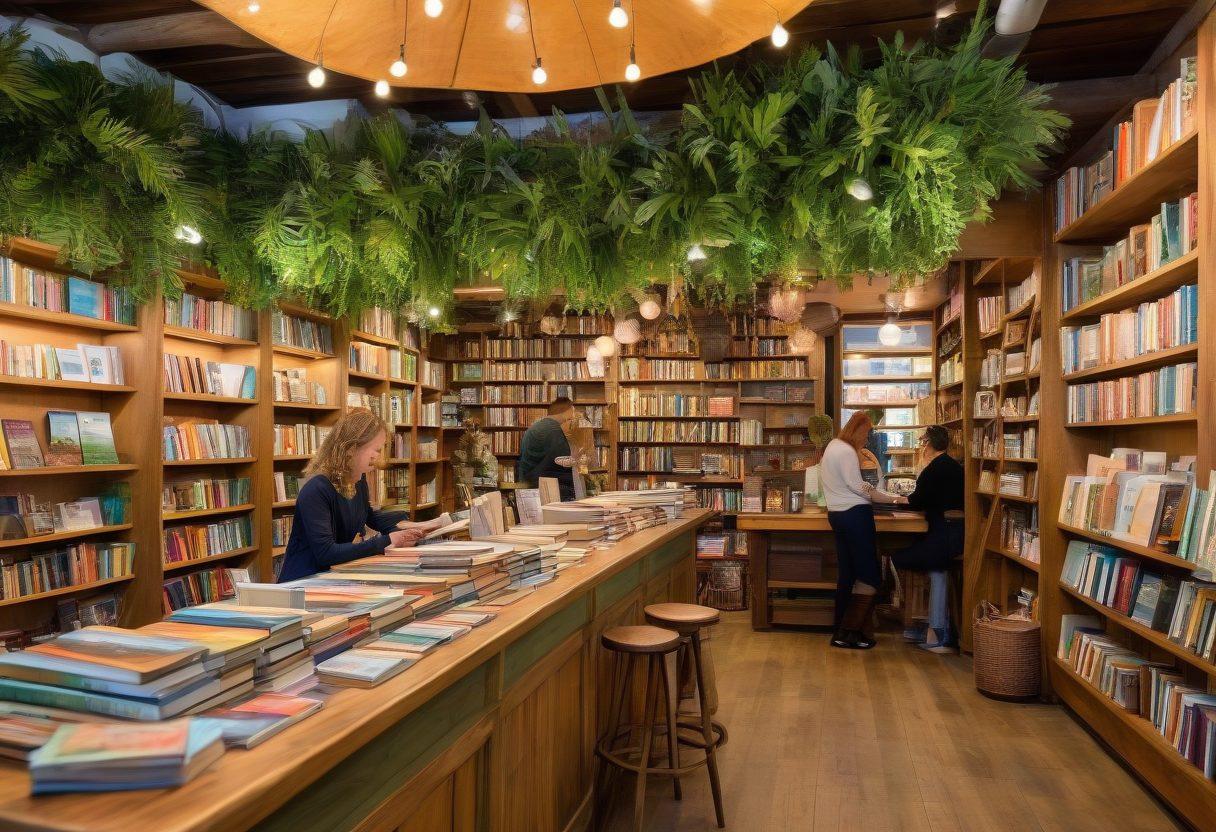 A bustling bookstore with shelves filled with books, where a happy customer is exchanging books for cash at the counter, with a thought bubble depicting dreams of travel and freedom. Bright colors and inviting atmosphere, adorned with green plants and cozy seating, conveying a sense of community and exploration. super-realistic. vibrant colors. warm lighting.