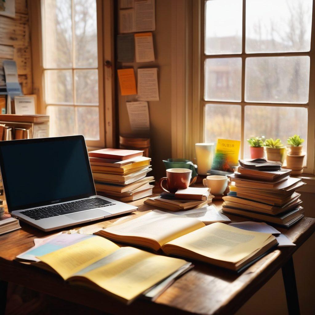 A cozy, sunlit room filled with stacked piles of colorful old textbooks and novels, featuring a person enthusiastically organizing and pricing the books. A laptop sits open on a wooden table displaying an online marketplace, with sticky notes and a cup of coffee nearby. Light filters through a nearby window, casting warm shadows. Illustrative style with a touch of whimsy. vibrant colors. soft focus.