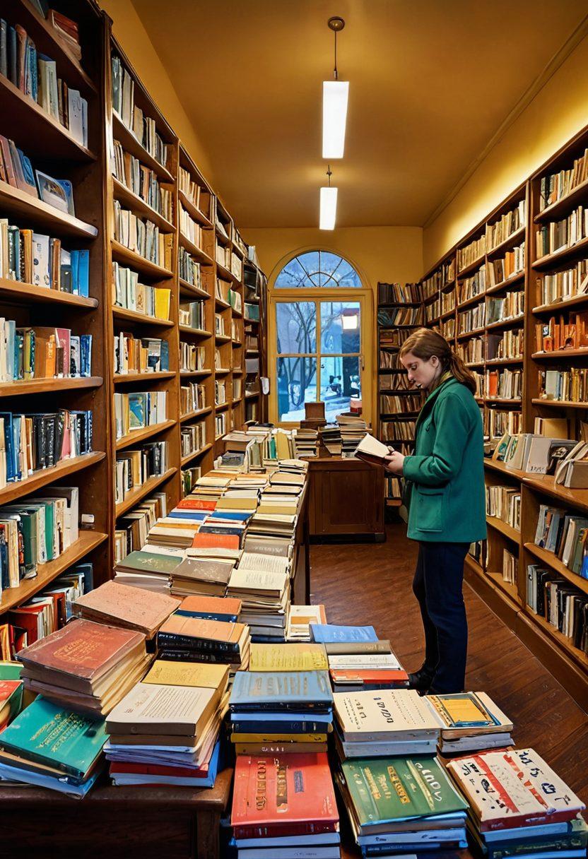 A cozy, inviting bookshop with shelves overflowing with colorful used textbooks and novels, where a person eagerly examines a book while a cash register sparkles nearby, symbolizing the transition from books to cash. Warm lighting adds a welcoming atmosphere, with a 'For Sale' sign prominently displayed to entice potential sellers. vintage illustration style. vibrant colors.